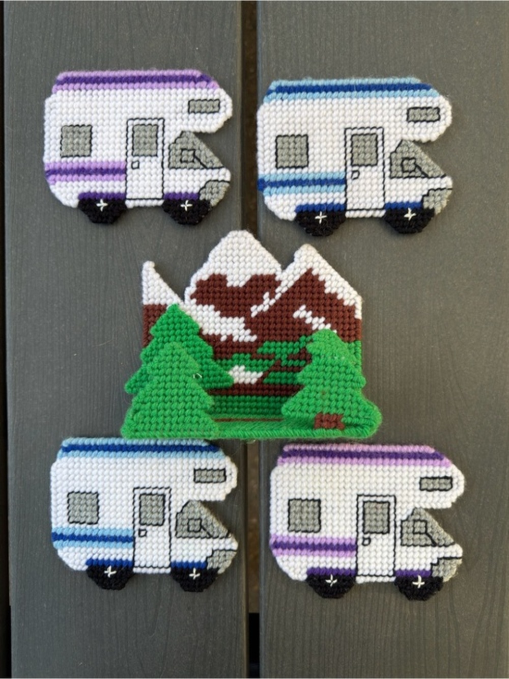 Cross-Stitch Camper & Mountain Coaster Set - Green, Blue, Purple